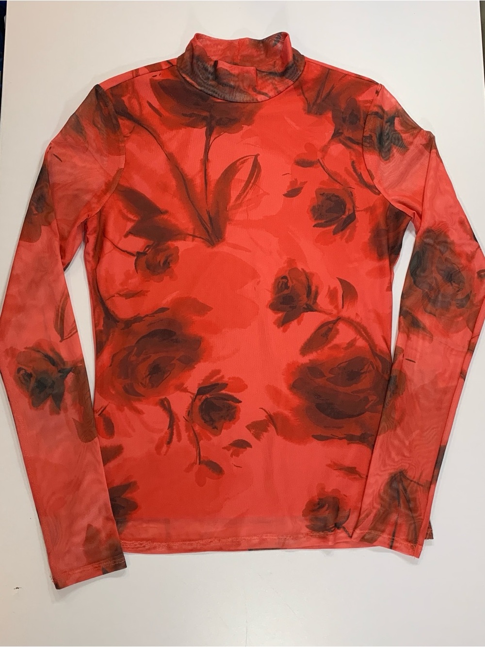 Suzy Sheer Mesh Top M Red Rose Floral Mock Neck Whimsigoth Fairy Grunge Alt Vamp